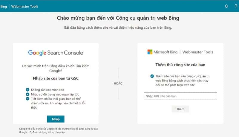 Submit URL hoặc website trên Bing